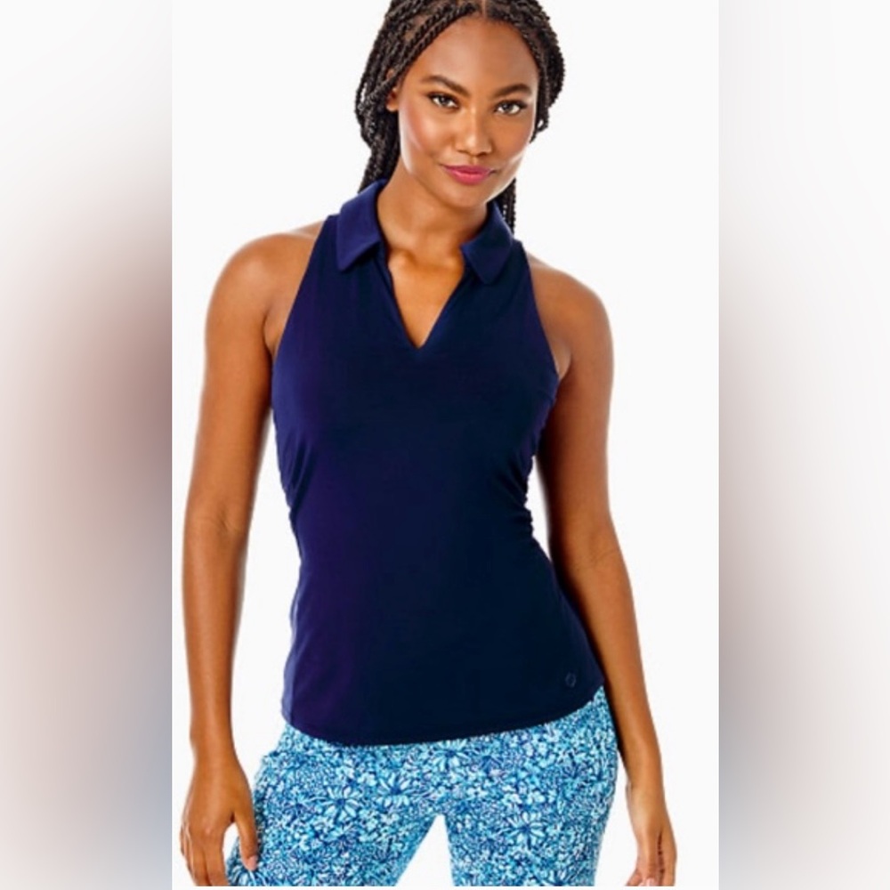 Lilly Pulitzer Lakelyn Bra Polo Navy Sleeveless Top UPF 50+ Luxletic Size L -